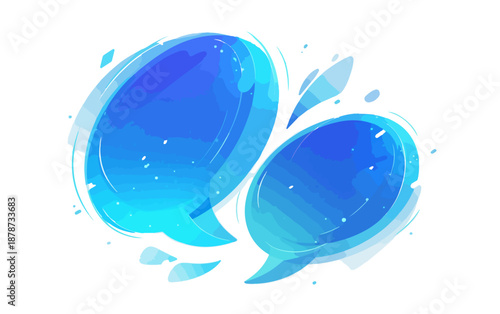 두 개의 투명한 파란색 말풍선이 물방울 효과와 함께 떠 있는 추상적인 디자인