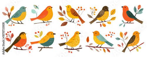Urocza kolekcja dziesięciu kolorowych ptaków siedzących na gałązkach z jesiennymi liśćmi, przezroczyste tło.