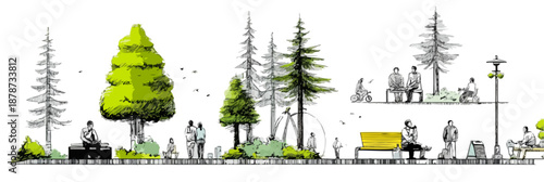 Rysunek przekrojowy architektury krajobrazu z ludźmi odpoczywającymi w parku z drzewami i ławkami.