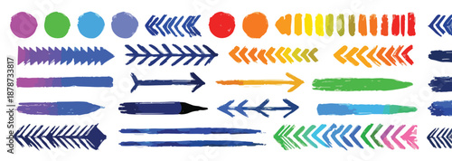Zestaw ręcznie rysowanych strzałek i kropek w kolorach tęczy na przezroczystym tle, elementy graficzne