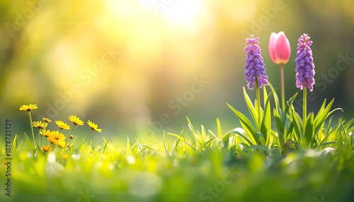 A serene landscape of vibrant flowers in a lush green meadow with a beautiful sunny background