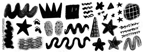 Zestaw ręcznie rysowanych czarnych elementów graficznych, kształtów i symboli z teksturą na przezroczystym tle.