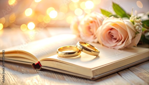 Fototapeta 柔らかな光の中で本と指輪が寄り添う結婚を連想させる静物構成