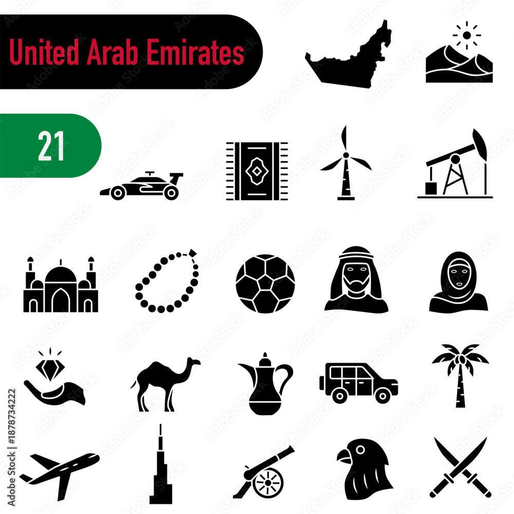 Fototapeta premium Icons about Emirati traditions, culture, and symbols. A set of solid icons about the United Arab Emirates.