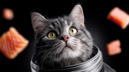 Cat in astronaut helmet gazes upward, surrounded by floating pieces of smoked salmon, against a dark background, showcasing a whimsical space-themed concept with copy space for text