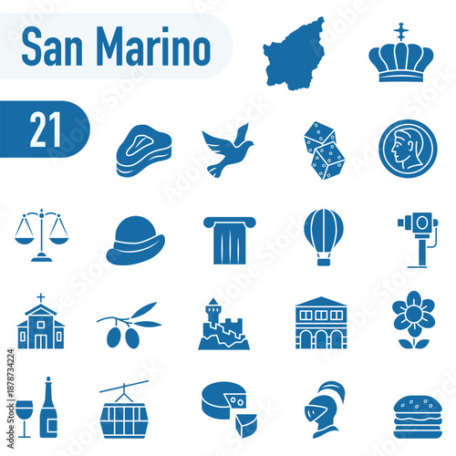 Icons about San Marino traditions, culture, and symbols. A set of solid icons about San Marino.
