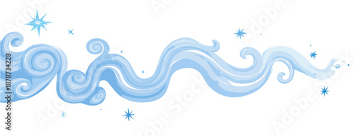 Delikatny, falujący, niebieski dym lub para z błyszczącymi akcentami na białym tle.