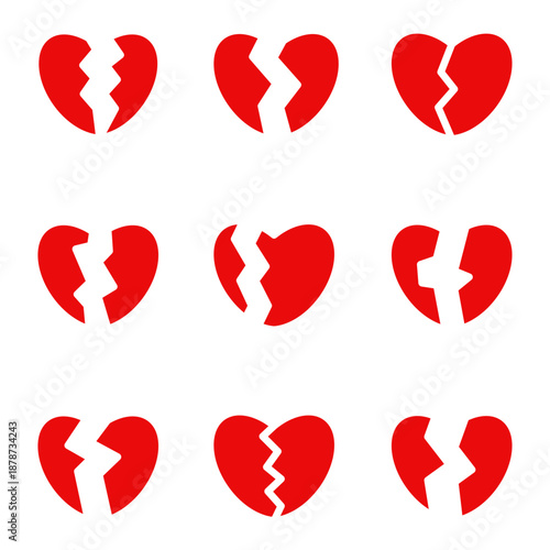 Broken hearts in red minimalist style with thin lines. Love icons.