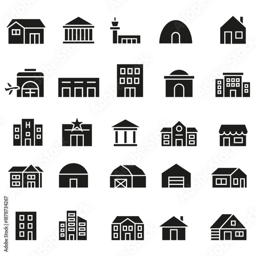 A set of fillable icons of buildings and architectural objects. Various buildings.