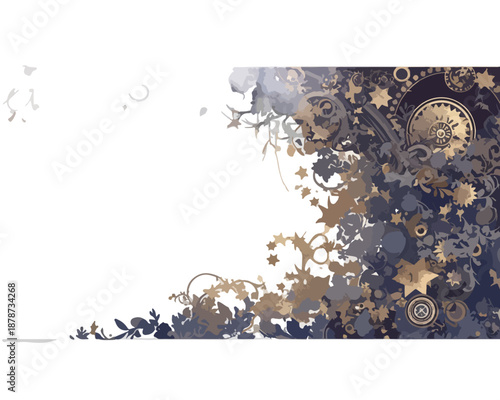 Abstrakcyjna, mroczna grafika steampunkowa z elementami roślinnymi i kołami zębatymi na przezroczystym tle.