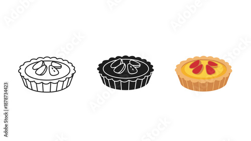 Three line art and colored tart desserts with fruit toppings on white background