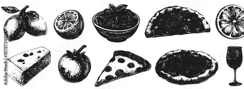 Zestaw ręcznie rysowanych elementów kulinarnych, w tym pizza, owoce cytrusowe, ser i wino, na tle przezroczystym.