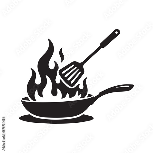 Cooking frying pan with fire flame and spatula icon vector silhouette
