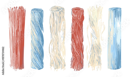 Zestaw sześciu kolorowych, skręconych słodyczy lukrecjowych lub żelowych na przezroczystym tle, ilustracja.