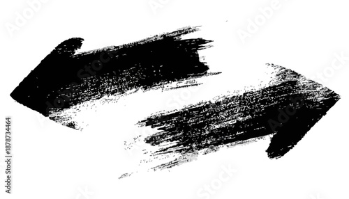 Czarny, odręczny pędzelkowy znak strzałki wskazujący w lewo i prawo na przezroczystym tle.