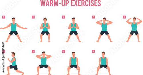 Warm up exercises vector illustration showing fitness workout sequence for stretching, strength and body preparation before training in flat cartoon style isolated on white background