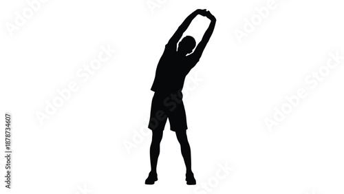Silhouette of an athlete performing a side stretch overhead reaching with both hands to increase flexibility and warm up before intense physical activity or sport