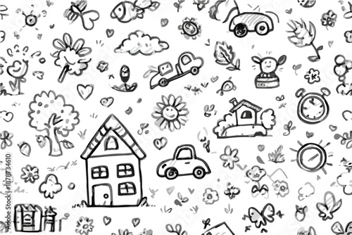 Uroczy, ręcznie rysowany wzór doodle z domkami, samochodami i kwiatami na białym tle, idealny do projektów dziecięcych.