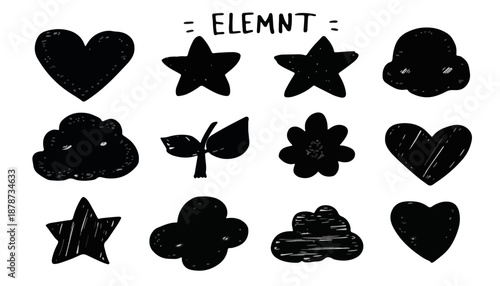 Zestaw czarnych, ręcznie rysowanych ikon i symboli graficznych, idealny do projektowania cyfrowego.