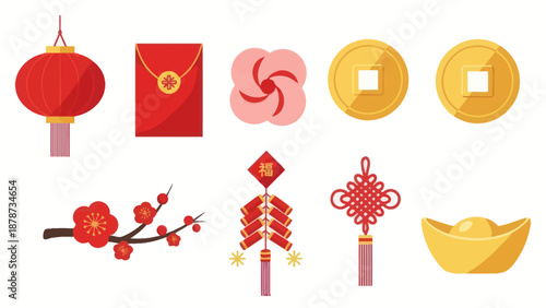 Chinese New Year Icons: Lantern, Red Envelope, Firecrackers, Coins, Gold Ingot & Plum Blossom
