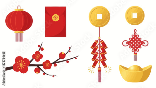 Chinese New Year Icons: Lantern, Red Envelope, Firecrackers, Plum Blossom, Gold Ingot