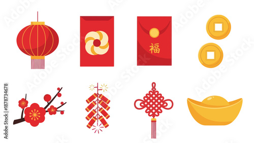 Chinese New Year Icons: Lantern, Red Envelopes, Coins, Firecrackers, Plum Blossom, Knot