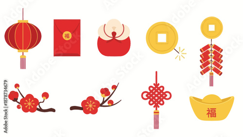Chinese New Year Icons: Lantern, Red Envelope, Firecrackers, Coins, Blossom, Knot, Gold Ingot
