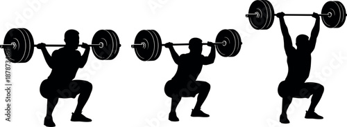 Weightlifting squat exercise sequence silhouette showing strength training technique, Olympic barbell lift stages, and power workout movement in clean vector illustration