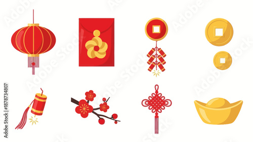 Chinese New Year Symbols: Lantern, Red Envelope, Firecrackers, Coins, Blossom, Knot, Gold