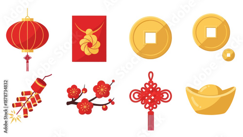 Chinese New Year Symbols Set: Lantern, Red Envelope, Coins, Firecracker, Plum Blossom, Knot, Gold Ingot
