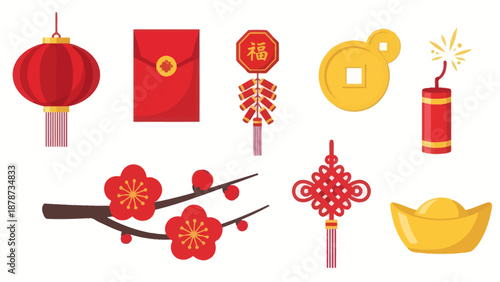 Chinese New Year Symbols: Lantern, Red Envelope, Firecrackers, Coin, Plum Blossom, Knot