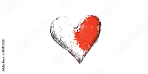 Ręcznie rysowane serce z czerwonym i białym wypełnieniem na przezroczystym tle, symbol miłości i uczuć.