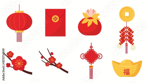 Chinese New Year Symbols: Lantern, Red Envelope, Firecrackers, Coin, Gold Ingot, Plum Blossom