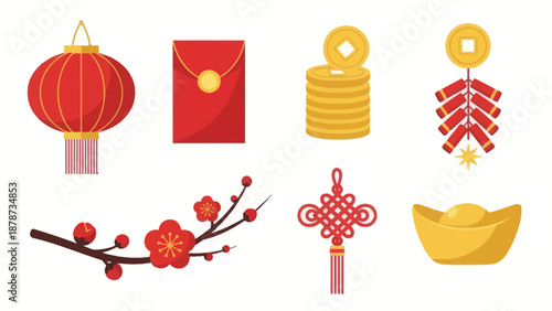 Chinese New Year Icons Set: Lantern, Red Envelope, Coins, Firecrackers, Plum Blossom, Knot