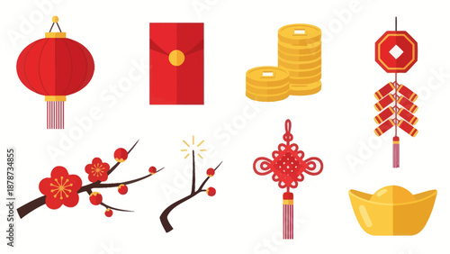 Chinese New Year Symbols: Lantern, Red Envelope, Coins, Firecrackers, Plum Blossoms, Knot, Gold Ingot