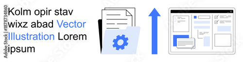Business workflow, data exchange, cloud upload, content management, database handling, file organization. Gear cog with documents and upward blue arrow toward digital interface. Data transfer
