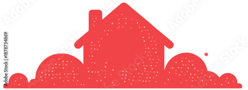 Czerwony, uproszczony piktogram domu z kominem na tle chmur, idealny na przezroczystym tle.