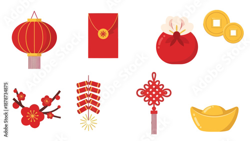 Chinese New Year Symbols: Lantern, Red Envelope, Firecrackers, Coins, Knot, Gold