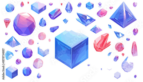 Kryształy i klejnoty w odcieniach błękitu i różu, izometryczny zestaw graficzny na białym tle.