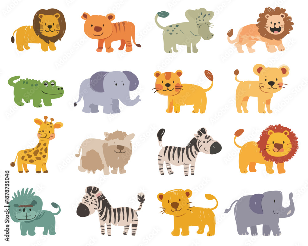 Obraz premium Set di adorabili illustrazioni vettoriali di animali della savana africana, stile cartone animato su sfondo trasparente.