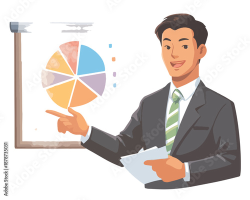 Uśmiechnięty biznesmen wskazuje na kolorowy wykres kołowy prezentujący dane statystyczne na białym tle.