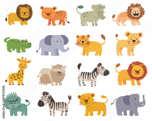 Set di adorabili illustrazioni vettoriali di animali della savana africana, stile cartone animato su sfondo trasparente.