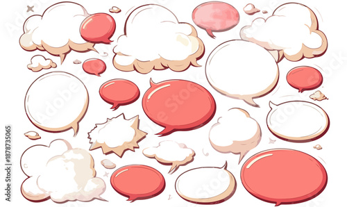 Zbiór ręcznie rysowanych dymków komiksowych i chmurek myślowych w kolorze białym i czerwonym na przezroczystym tle.