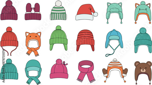 Winter hats and scarves vector set with cozy knitted headwear and accessories for cold weather fashion in flat cartoon illustration style isolated on white background