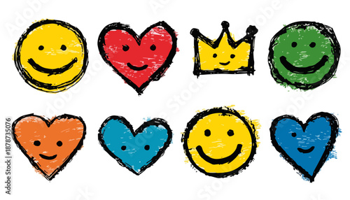 Zestaw ręcznie rysowanych ikon emoji, serc i korony w żywych kolorach na przezroczystym tle.
