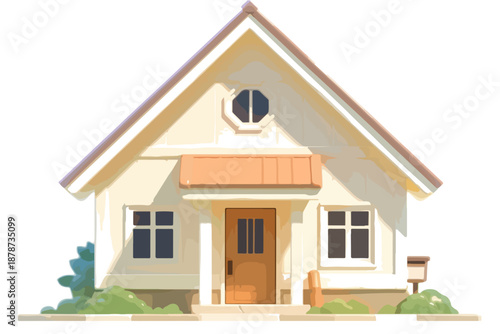 Uroczy, mały domek jednorodzinny z dachem dwuspadowym i oknem na poddaszu, izolowany na białym tle.