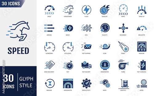 Speed icon set. fast, slow, movement, productivity, indicator, turbo, speeding, gauge, express and speedometer. Vector illustration