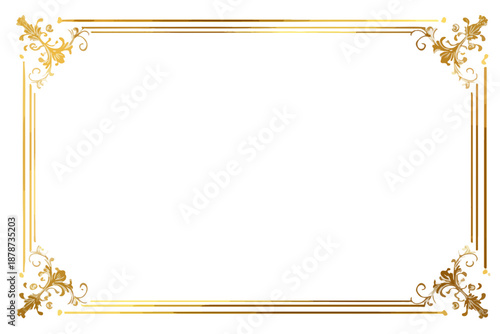Cornice rettangolare decorativa dorata con angoli ornamentali su sfondo bianco trasparente, ideale per certificati.