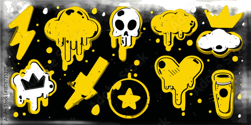Zestaw naklejek graffiti w stylu pop-art z czaszką, sercem i błyskawicami na przezroczystym tle.