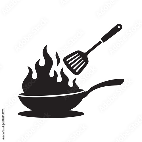 Cooking frying pan with fire flame and spatula icon vector silhouette
